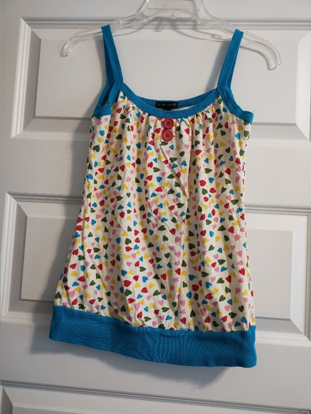 Vintage Fang Brand Cute Heart Print Tank with Bright Blue Trim